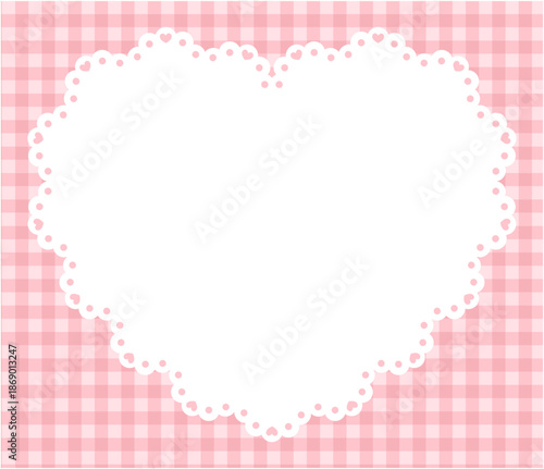 かわいいハートのレースフレームのベクターイラスト。ギンガムチェック、枠