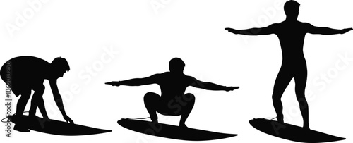 Surfing silhouette sequence, surfboard posture transition, crouch to stand technique, surf training concept, black vector figures, water sport illustration, balance motion pose