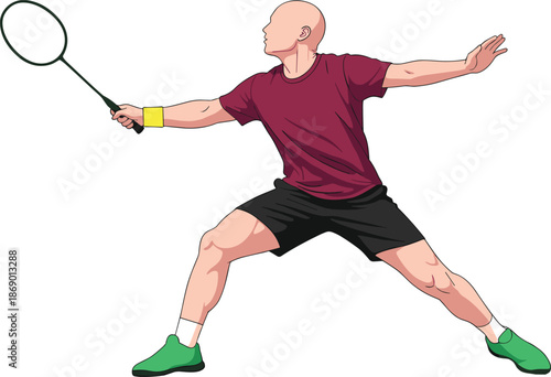 Badminton Player in Athletic Stance Holding Racket for Sports Technique, Movement, and Competitive Game Vector Illustration Design