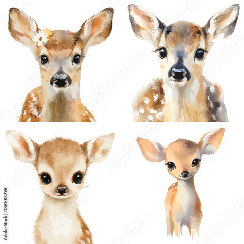 Realistic watercolor baby deer portraits with soft fur and gentle eyes. Cute woodland fawn illustrations isolated on white background.