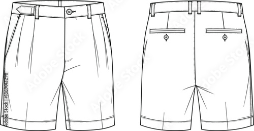 Tailored shorts technical sketch, fashion flat drawing, CAD apparel illustration, pleated front, welt pocket detail, vector garment design template