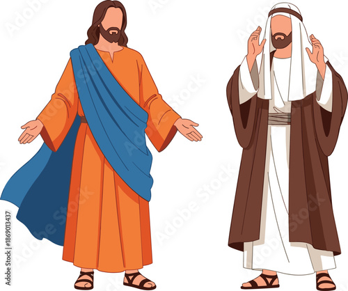 Biblical Figures in Traditional Robes and Sandals for Religious Education, Historical Storytelling, and Spiritual Vector Illustration Projects