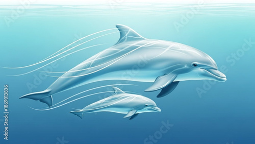 A large dolphin and a smaller dolphin swim together in the ocean with flowing lines around them with underwater and marine and animal and wildlife with nature and sea