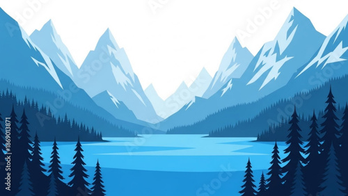 Serene mountain landscape with snow capped peaks towering over a calm lake surrounded by lush evergreen forests under a bright clear sky with nature with scenic