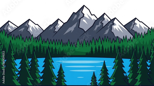 Serene mountain landscape with lake and pine trees in a stylized illustration with nature and scenic and peaceful and landscape illustration and outdoors with calm