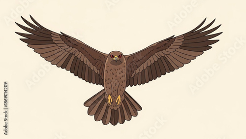 Brown bird of prey with outstretched wings and sharp talons flying against a beige background in a digital illustration with hawk and eagle and wildlife with clipart
