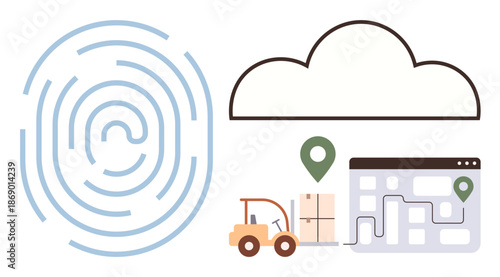 Digital security, supply chain, logistics, identity management, cloud computing, GPS tracking. A fingerprint, a cloud a map with location pins and a forklift with packages. Digital security