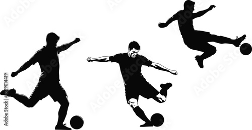 Soccer player action silhouette set kicking football ball, dynamic sports movement poses, black and white flat vector illustration design