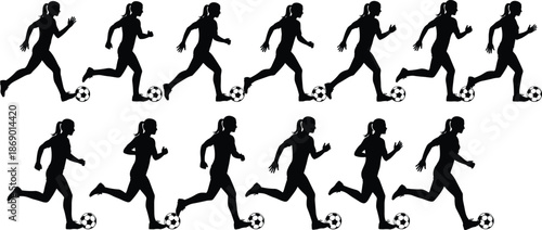 Soccer dribbling silhouette vector set, black and white illustration, athletic motion, football player poses, sports action, dynamic movement, graphic icons