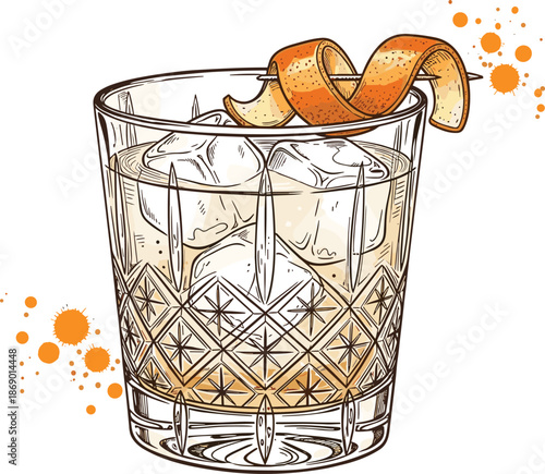 Classic Whiskey Cocktail in Cut Glass – Amber Drink with Ice and Orange Peel Garnish – Stylish Mixology Vector Artwork