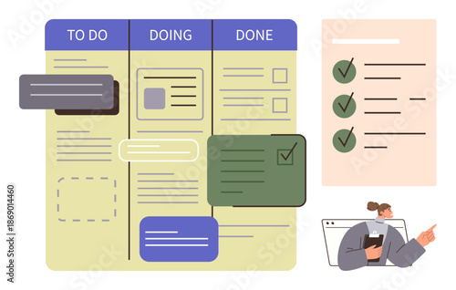 Workflow management, productivity planning, task organization, project management, business efficiency, teamwork coordination. Kanban board with task statuses and checklist. Workflow management