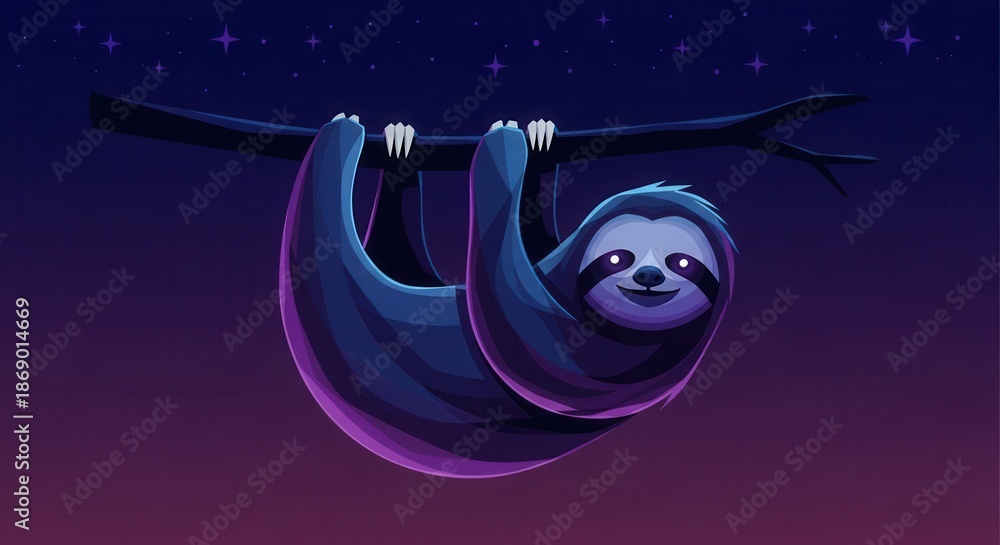 Fototapeta premium Nocturnal mammal with glowing eyes hangs from a dark tree branch against a starry purple sky