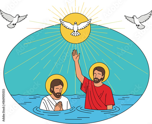 Christian Baptism Scene with Holy Spirit Symbolism, Religious Figures in Water, Spiritual Vector for Faith-Based Educational and Design Use