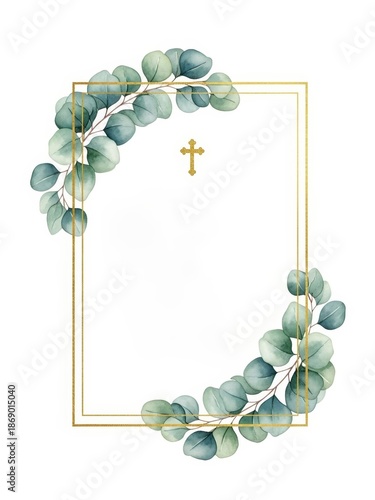 Elegant horizontal gold frame with watercolor eucalyptus leaves and a small gold cross. Minimalist template for Christian ceremonies like baptism, first communion, or wedding invitations.