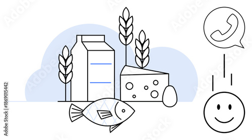 Food communication concept. Food icons including milk, cheese, fish, and wheat nutrition, while modern communication tools ensure connectivity. Useful for food supply, health apps, and education