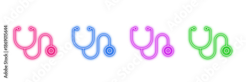 Neon glowing stethoscope vector icons set, medical, healthcare, doctor, hospital, diagnosis, health, vibrant colorful digital design illustration on transparentbackground.