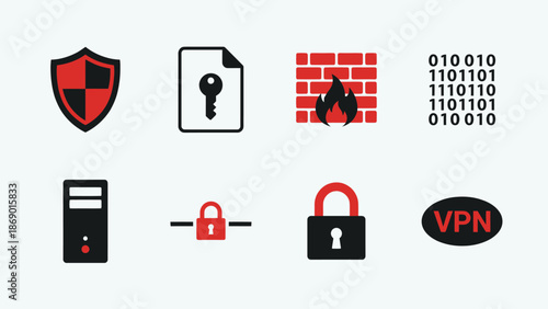Cybersecurity Icons Set Featuring Shield, Firewall, and Lock Symbols