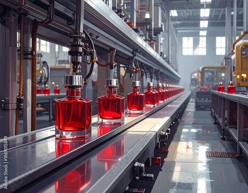 A factory assembly line precisely fills and caps red liquid containers, showcasing industrial precision and efficiency with long rows of bottles