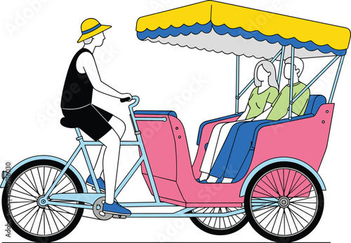 Cycle Rickshaw with Driver and Passengers Under Canopy for Urban Transport, Tourism, and Human-Powered Mobility Vector Illustration Design
