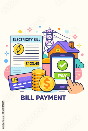 Illustration of a mobile phone used to pay for an electricity bill