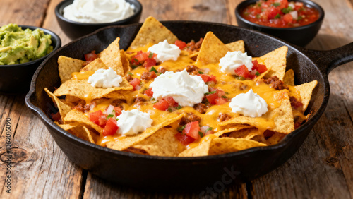Nachos with melted cheese, ground beef, diced tomatoes, and sour cream served in a cast iron skillet with guacamole and salsa on the side