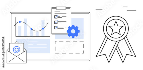 Business strategy, performance metrics, quality assurance, data management, achievement, email communication. Analytical charts, checklist and ribbon. Business strategy and performance metrics