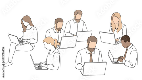 Diverse group of people collaborating and working remotely on laptops in a modern setting