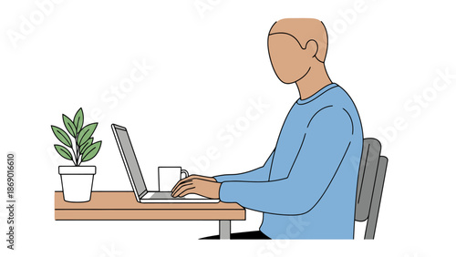 Person Working Remotely on Laptop at Desk with Plant and Mug