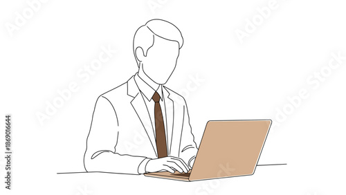 Man in Suit Working on Laptop Computer at Desk Business Professional Online Communication and Digital Workflow Concept