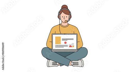 Person wearing headset working on laptop computer with charts on screen sitting cross legged
