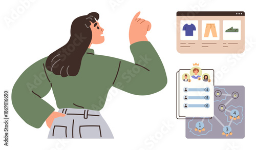 E-commerce, gamification, user engagement, leaderboard ranking, online shopping experience, technology. Woman pointing to online product page, ranking chart leaderboard network. E-commerce