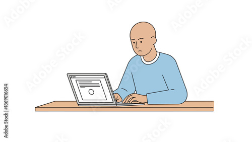 Lone individual focused on laptop screen at wooden desk representing remote work and digital tasks