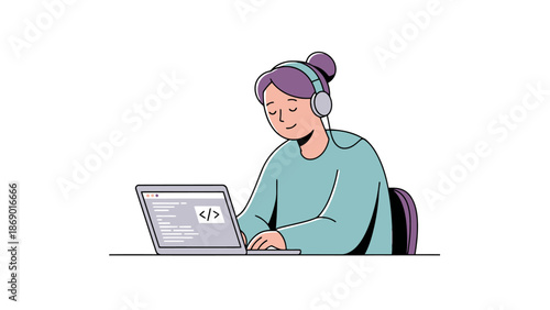 Creative Coder Woman Listening to Music Working on Laptop