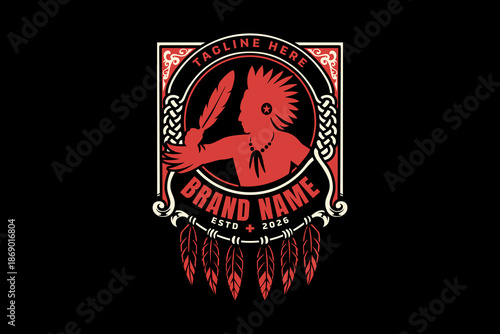 Native American warrior figure with frame retro illustration design for merchandise. Feather headdress portrait, Tribal ceremonial figure, Indigenous warrior, Traditional warrior vector illustration