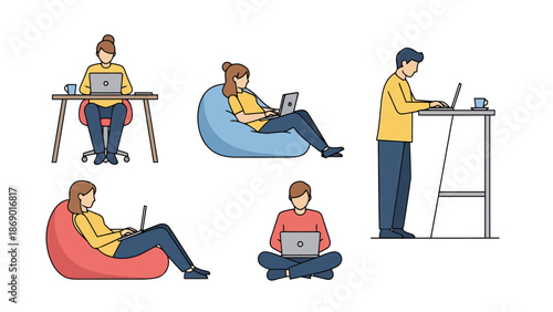 Diverse People Using Laptops in Various Comfortable Workstation Settings