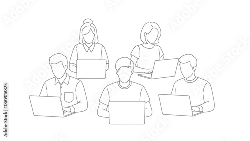 Diverse Group Collaborating Remotely Using Laptops for Online Projects