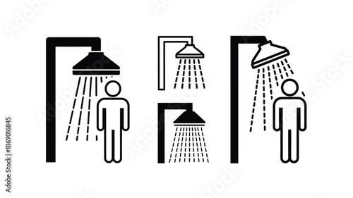 Simple black and white illustration of a person taking a shower