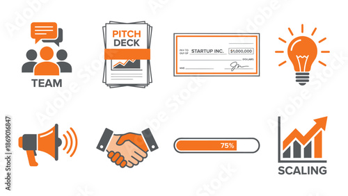 Business Startup Icons: Team, Pitch Deck, Innovation, and Growth