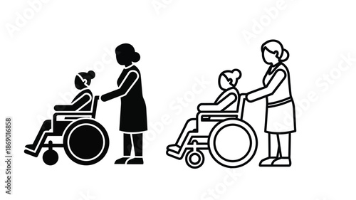 Caregivers assisting individuals in wheelchairs depicting healthcare and support services
