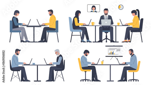 Diverse group collaborating and working remotely with digital devices in office settings