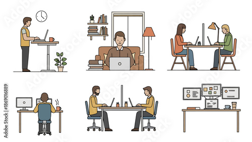 Diverse Work Environments Collection People Collaborating and Working Remotely on Computers