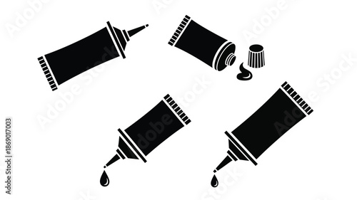 Black and white illustration depicting various tubes of cosmetic products