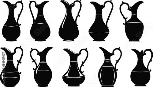 Set of antique jug icons, black silhouette vintage pitcher collection, classical clay pottery and ceramic vase elements for liquid storage, kitchen decor vector illustration