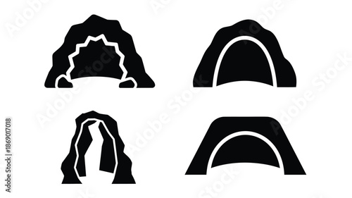 Four black silhouettes of cave entrances and rock arch formations