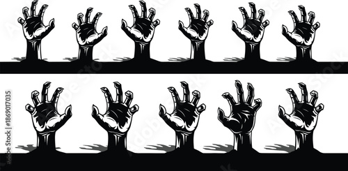 Set of zombie hand silhouettes rising from the ground, spooky undead monster arms for Halloween party decor, horror graveyard scene vector illustration collection
