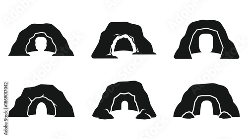 Simple black and white illustrations of cave entrances in various shapes
