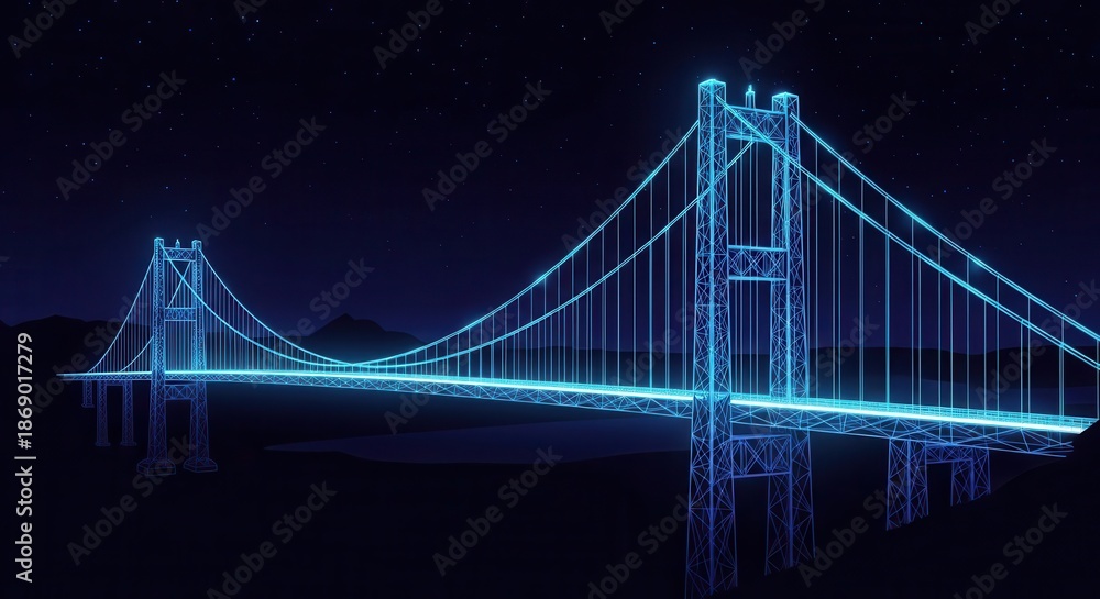 Obraz premium Illuminated digital suspension bridge structure spans a dark landscape under a starry night sky