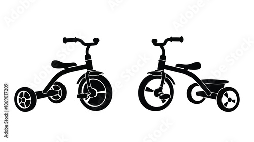 Black and white illustration of two balance bikes for young children