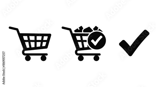 Shopping cart full cart and checkmark icons in a simple black and white design