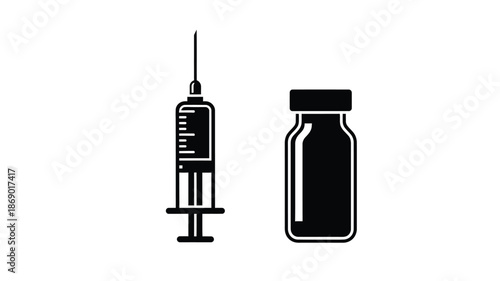 Simple black and white illustration of a syringe and a vial